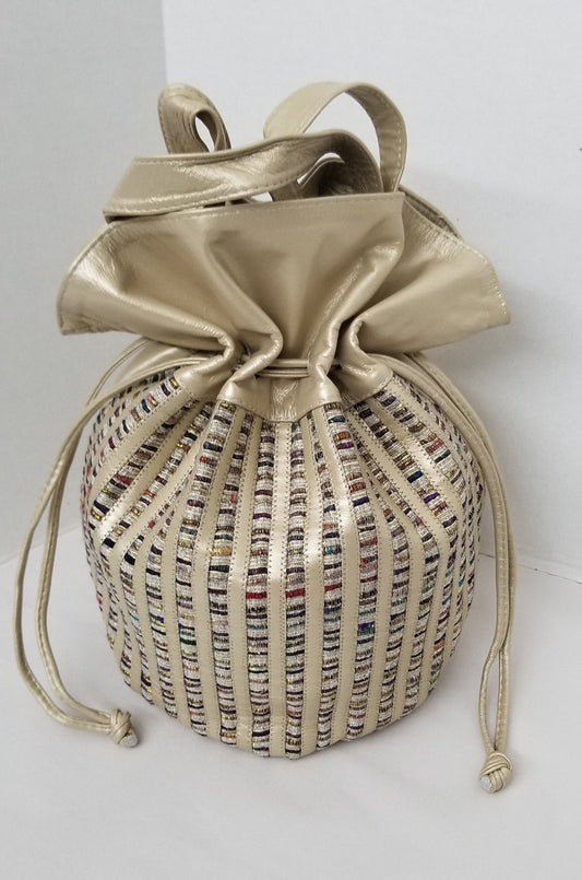 Champagne Genuine Leather Drowsting Bag, Zigzag Design, Made in USA