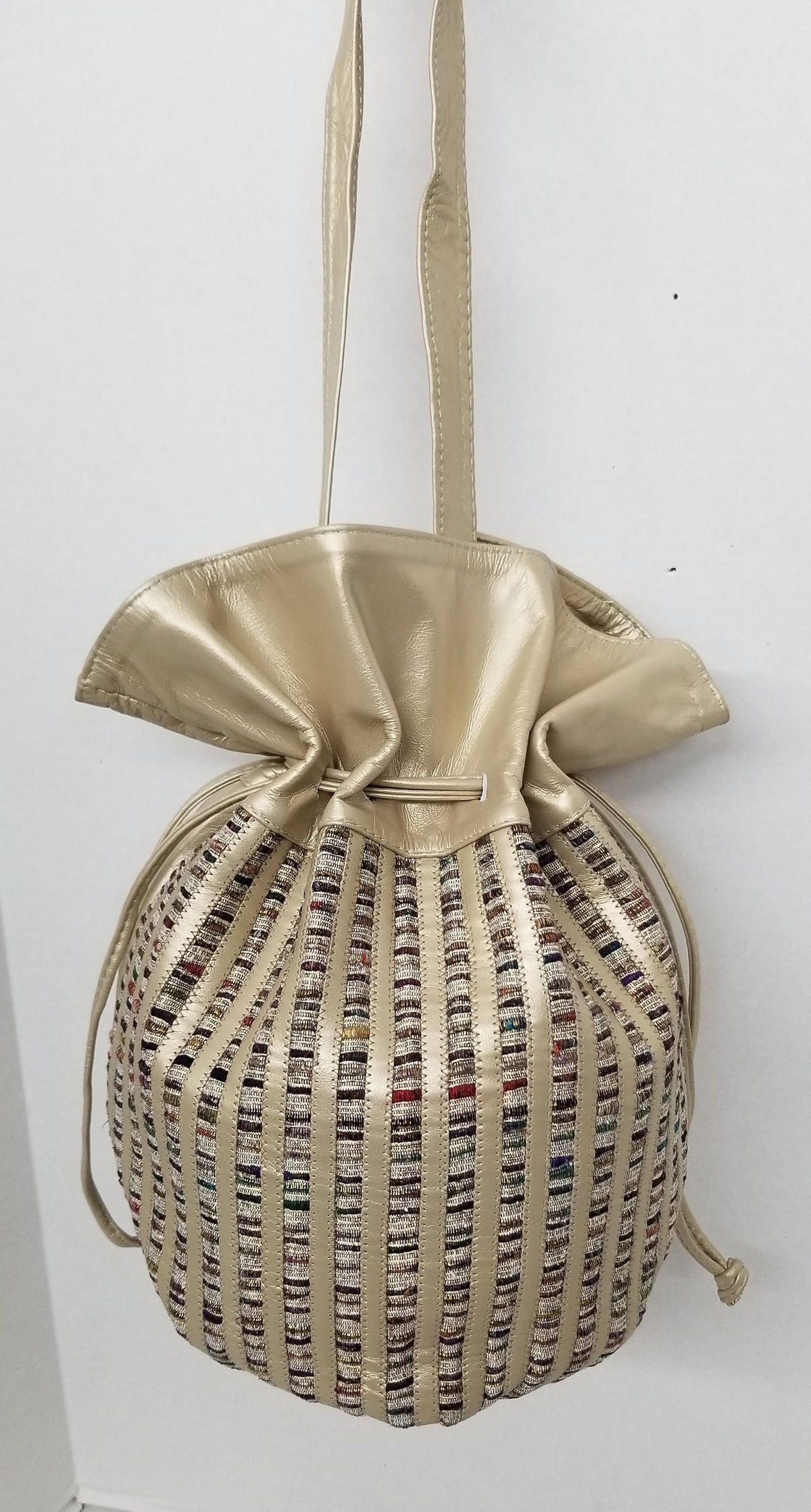 Champagne Genuine Leather Drowsting Bag, Zigzag Design, Made in USA