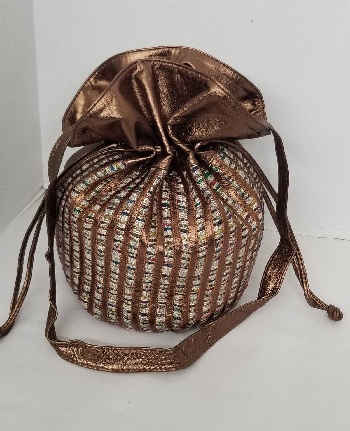 Bronze Leather Drawstring Purse, Zigzag Fabric Straps, Made in USA