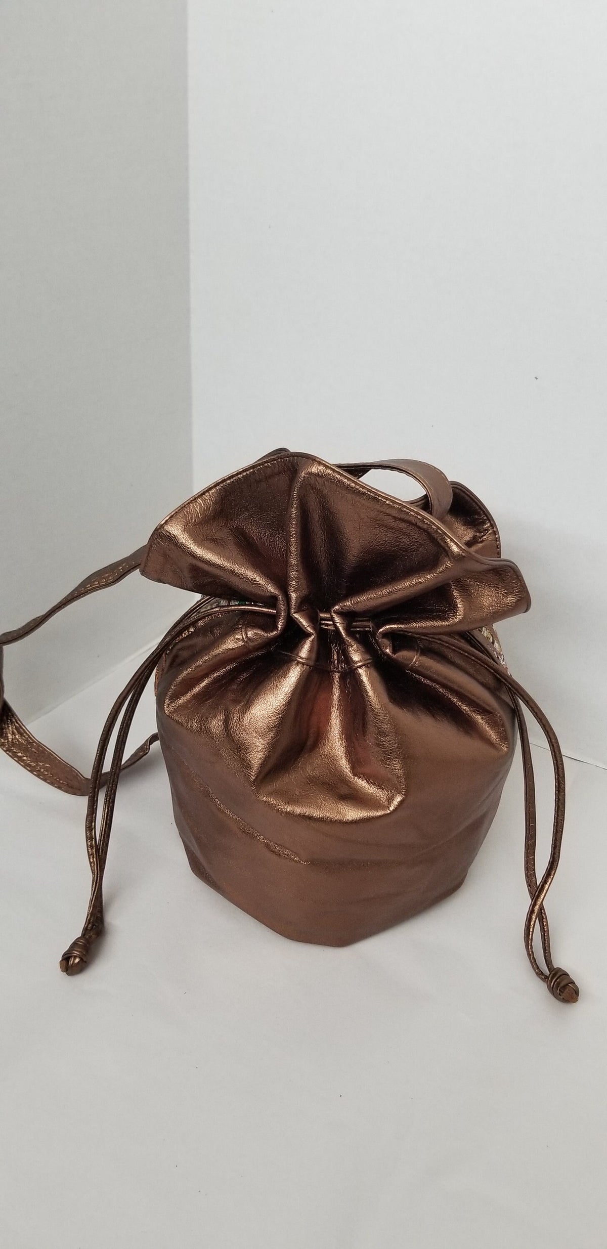 Bronze Leather Drawstring Purse, Zigzag Fabric Straps, Made in USA