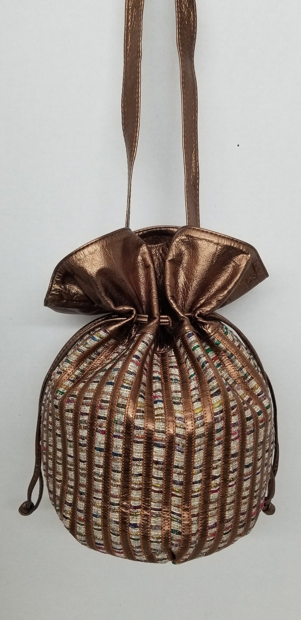 Bronze Leather Drawstring Purse, Zigzag Fabric Straps, Made in USA