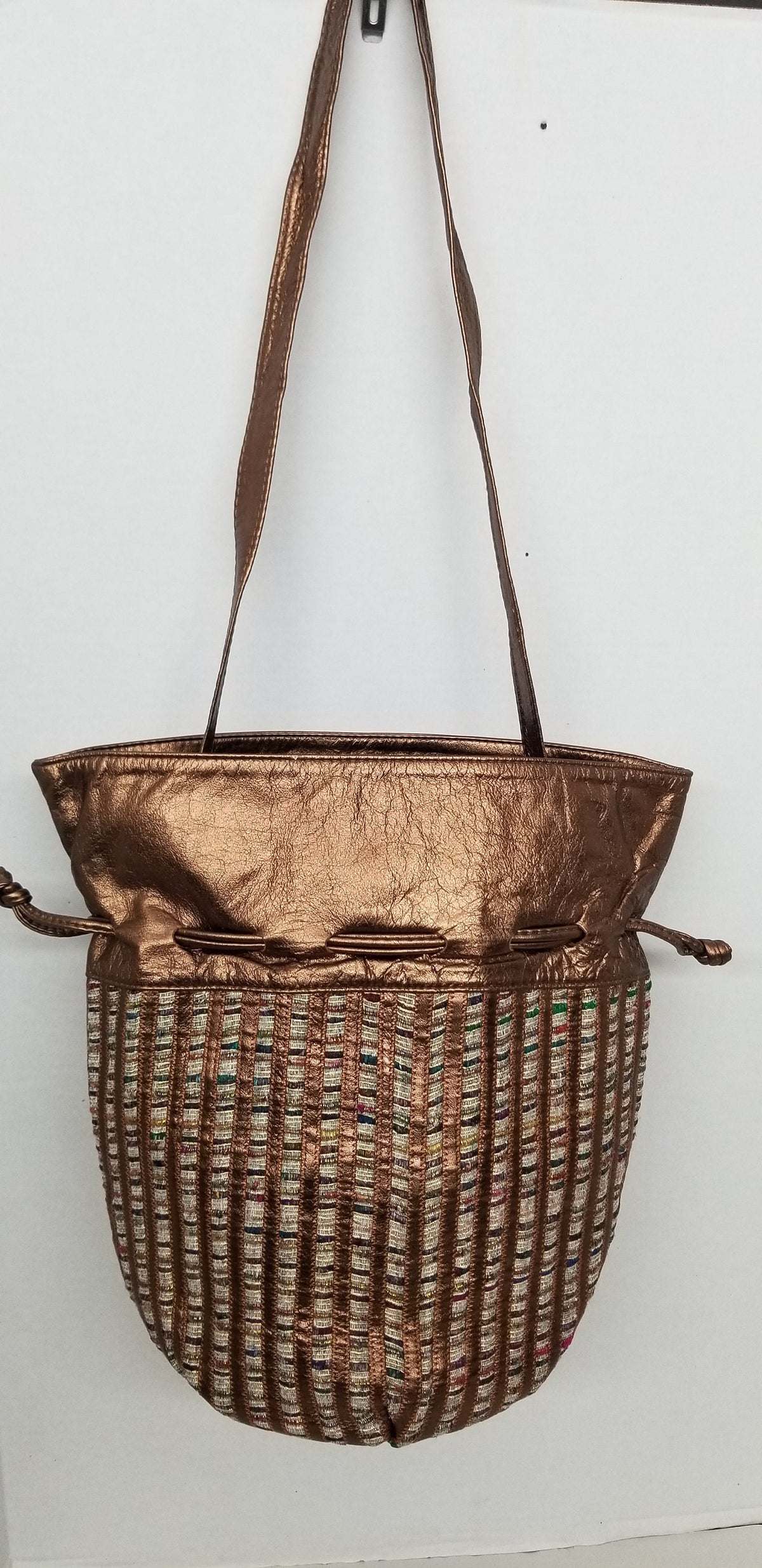 Bronze Leather Drawstring Purse, Zigzag Fabric Straps, Made in USA