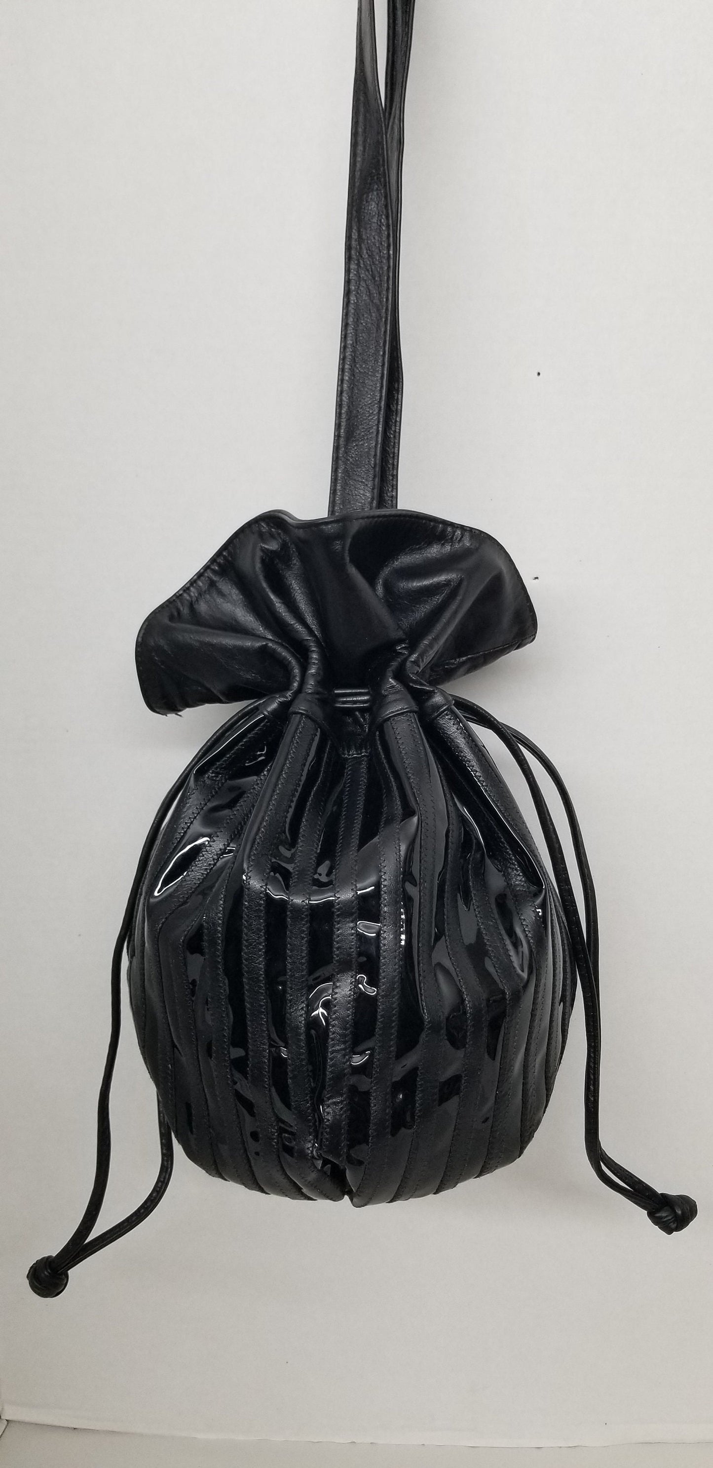 Black Patent Leather Shoulder Bag, Zigzag Design, Made in USA