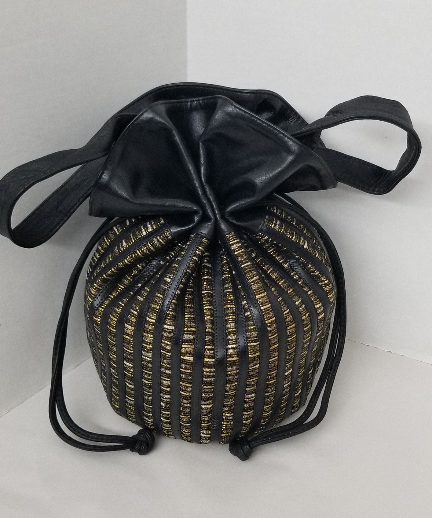 Black Leather Drawstring Shoulder Bag, Gold Zigzag Fabric, Handmade in USA