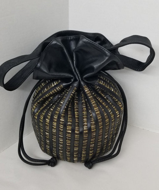 Black Leather Drawstring Shoulder Bag, Gold Zigzag Fabric, Handmade in USA