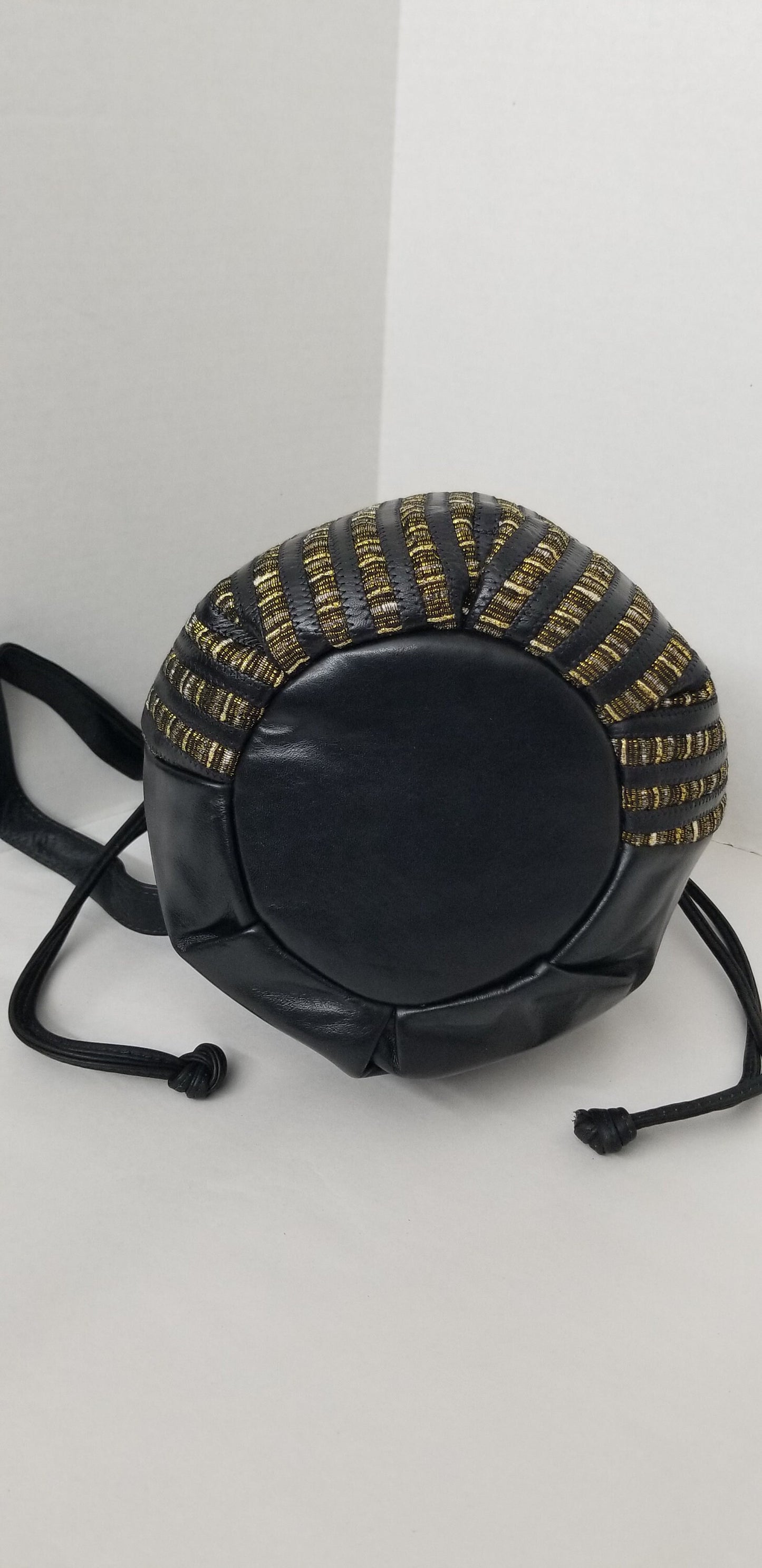 Black Leather Drawstring Shoulder Bag, Gold Zigzag Fabric, Handmade in USA