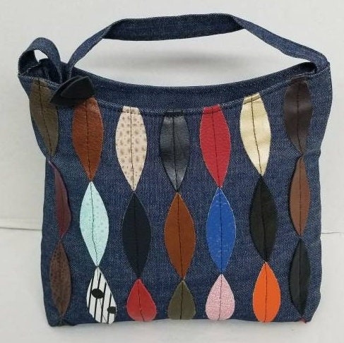 Blue Denim Crossbody Handbag for all!Moonbag #Tr306DM,Gift for Mom,her,girls.Denim with multi color Leather design Purses Light weigh.