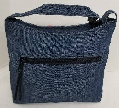 Blue Denim Crossbody Handbag for all!Moonbag,Gift for Mom,her,girls.Denim with multi color Leather design Purses Light weigh.