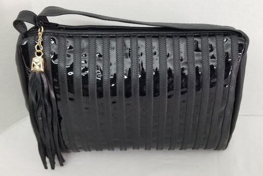 Black with Black Patton Stripe Genuine Leather Crossbody Handbag#TR2018BZ for women,girls,Universal Use for Special events Soft. Made in USA