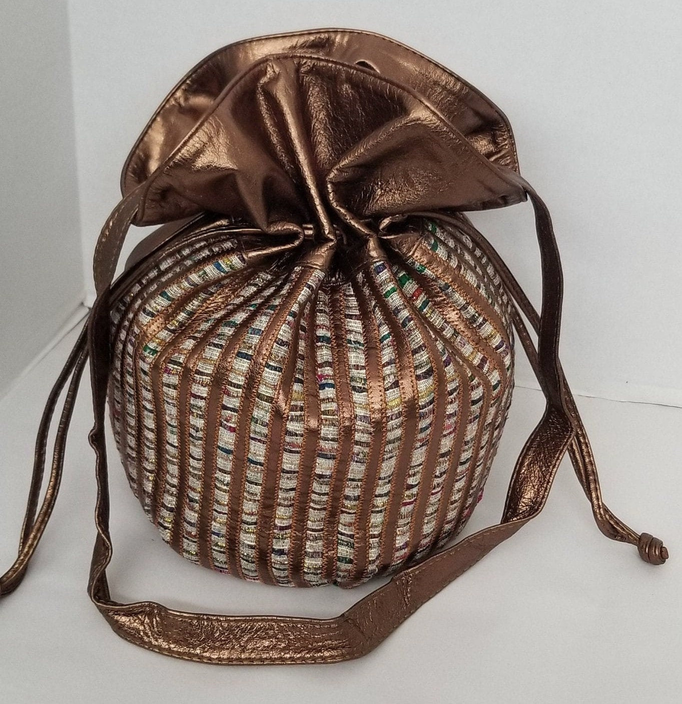 Drowsting shinning Bronze,Basket bag, with  fabric design, zigzags works unique,Light weight bag,Ladies Purse,Genuine Leather,Made in USA.