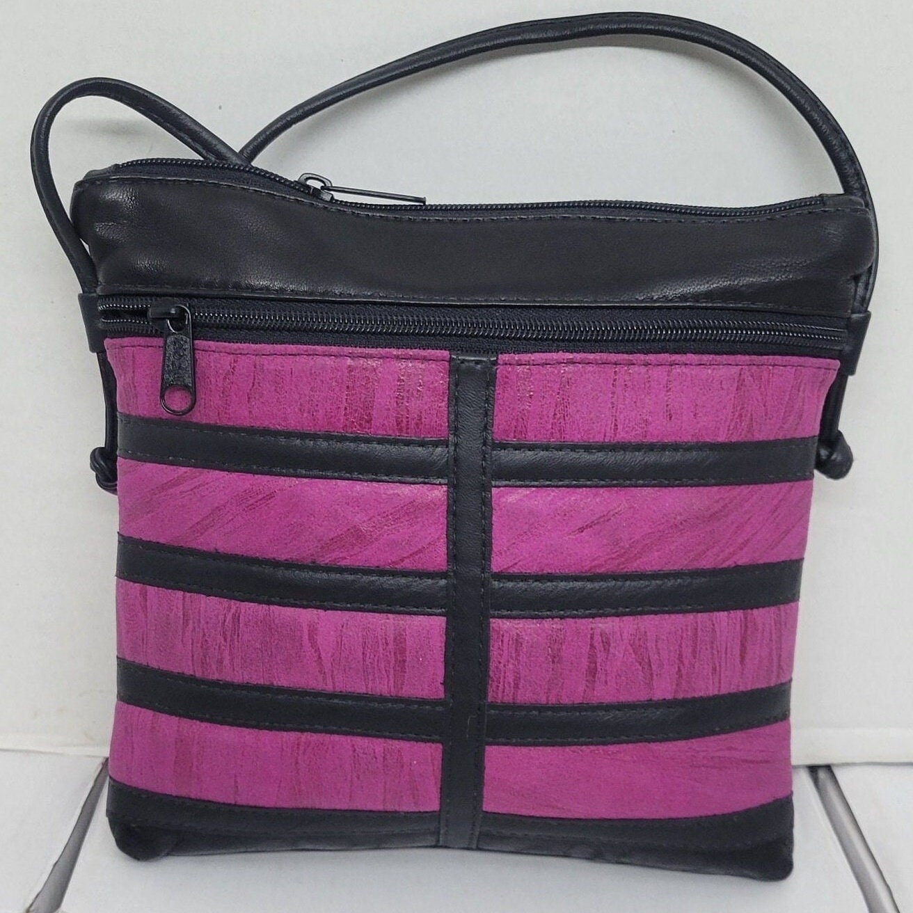 Crossbody Black with Fuchsia soft lambskin genuine leather Purse Style #305Fus