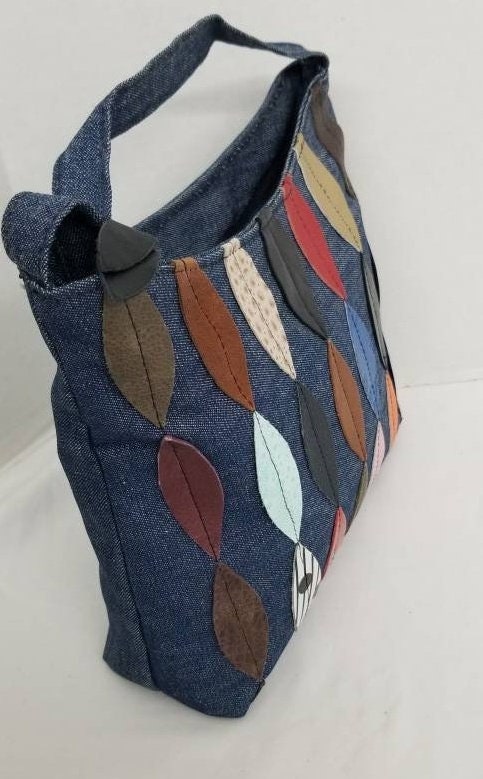 Blue Denim Crossbody Handbag for all!Moonbag,Gift for Mom,her,girls.Denim with multi color Leather design Purses Light weigh.