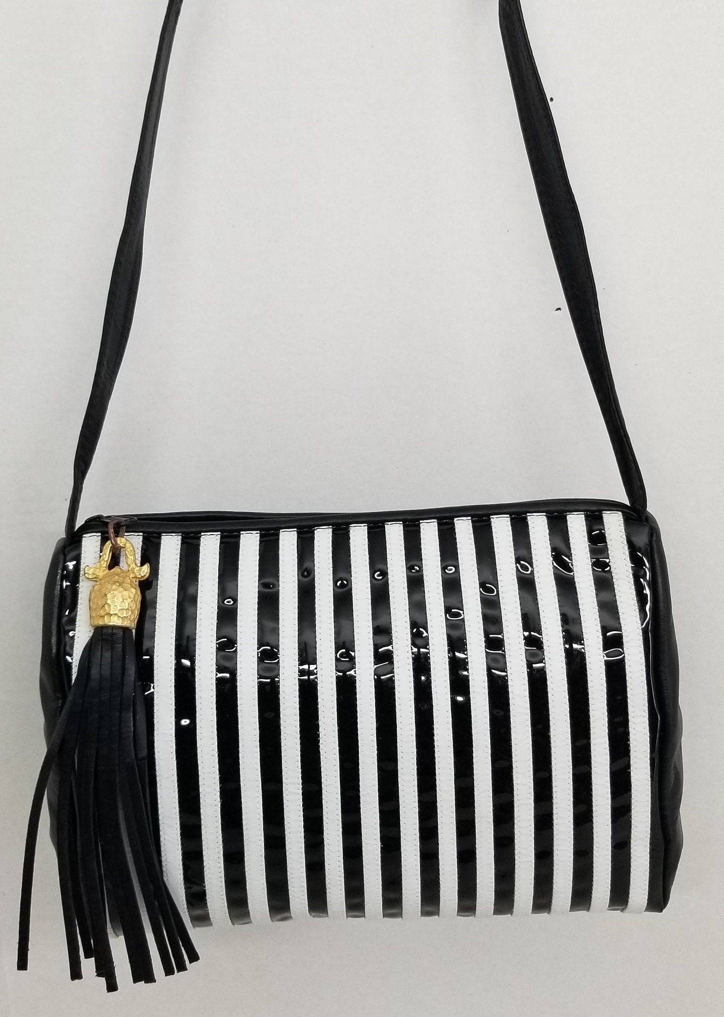 Black Patton with white Stripe Zigzag stich Genuine Leather Crossbody Handbag #TR2018BWZ for women,girls,Universal Use Soft Made in USA.