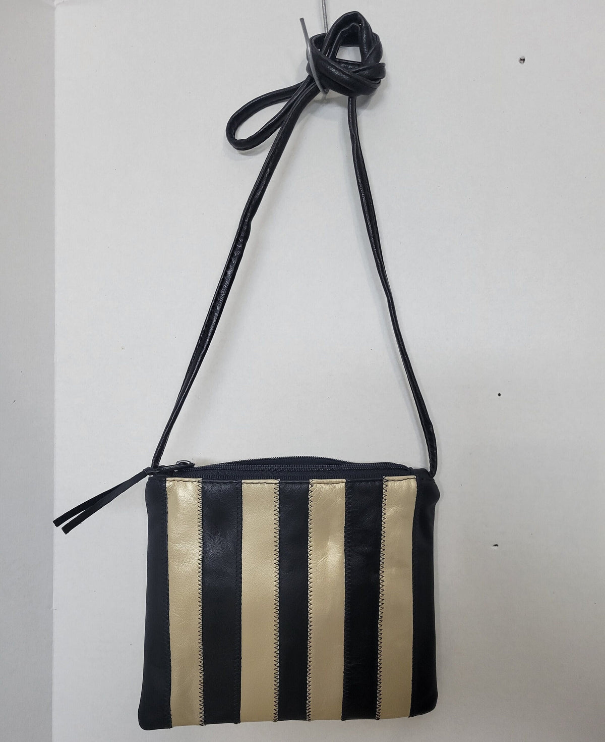 Handmade Striped Leather Crossbody Bag, Champagne & Black, USA Made