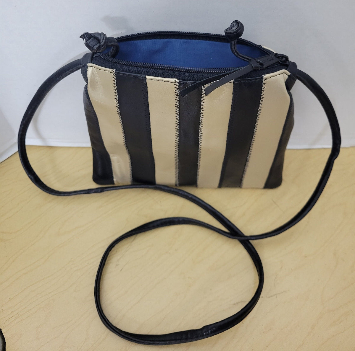 Handmade Striped Leather Crossbody Bag, Champagne & Black, USA Made