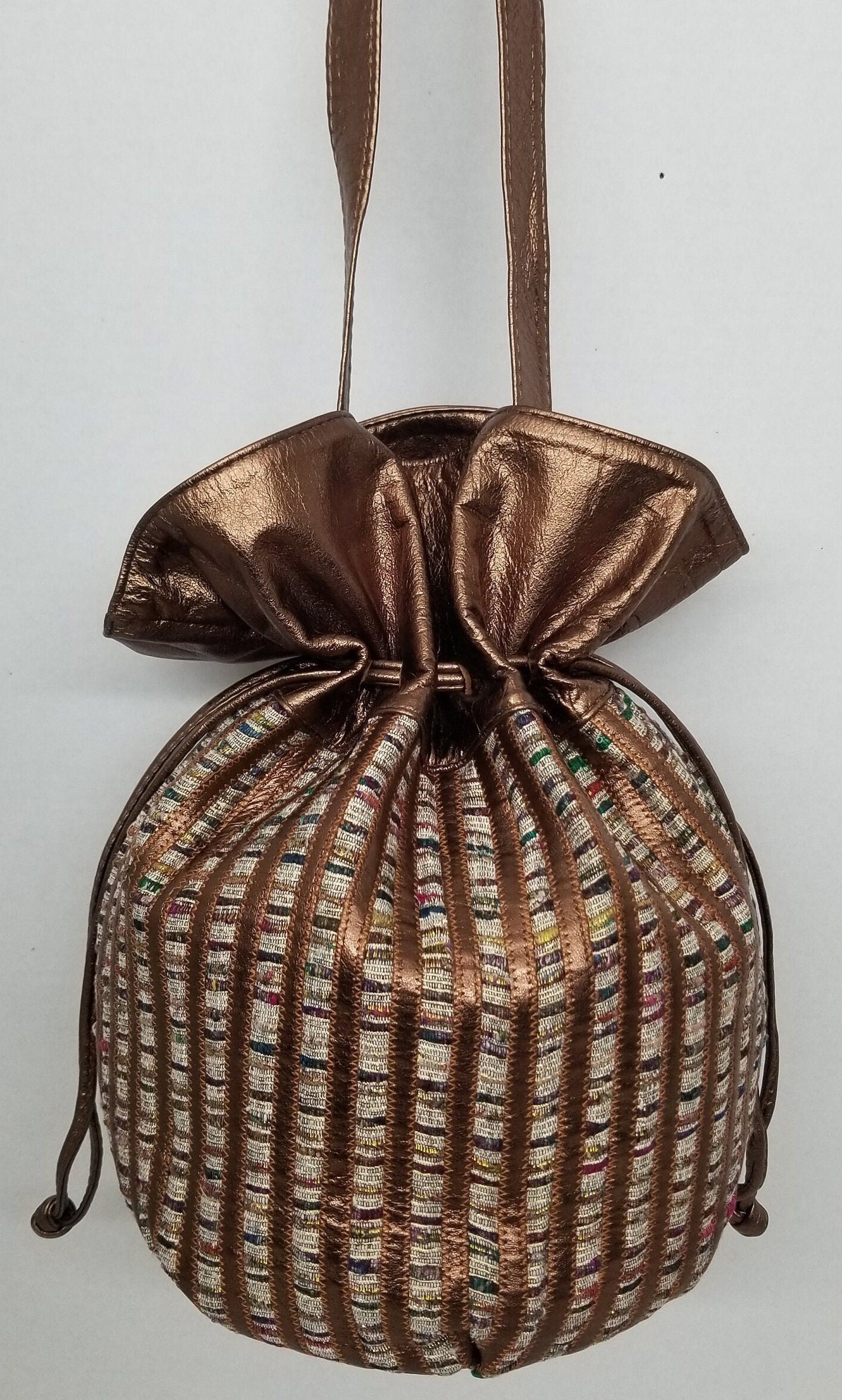 Drowsting shinning Bronze,Basket bag, with  fabric design, zigzags works unique,Light weight bag,Ladies Purse,Genuine Leather,Made in USA.