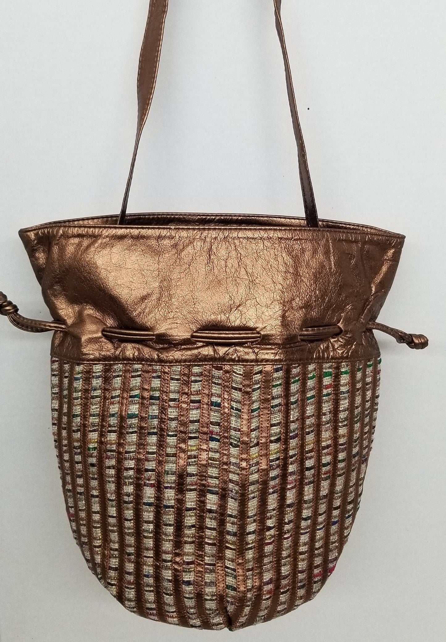 Drowsting shinning Bronze,Basket bag, with  fabric design, zigzags works unique,Light weight bag,Ladies Purse,Genuine Leather,Made in USA.