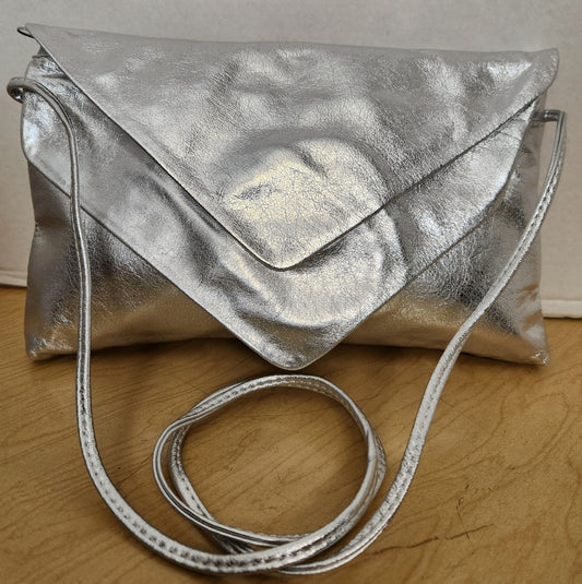 Tejrasila-Beautiful Silver Shining Matalic Envelope, Cluch,and Crossbody Universal  Handbag! TR206-Silver! Made In USA!