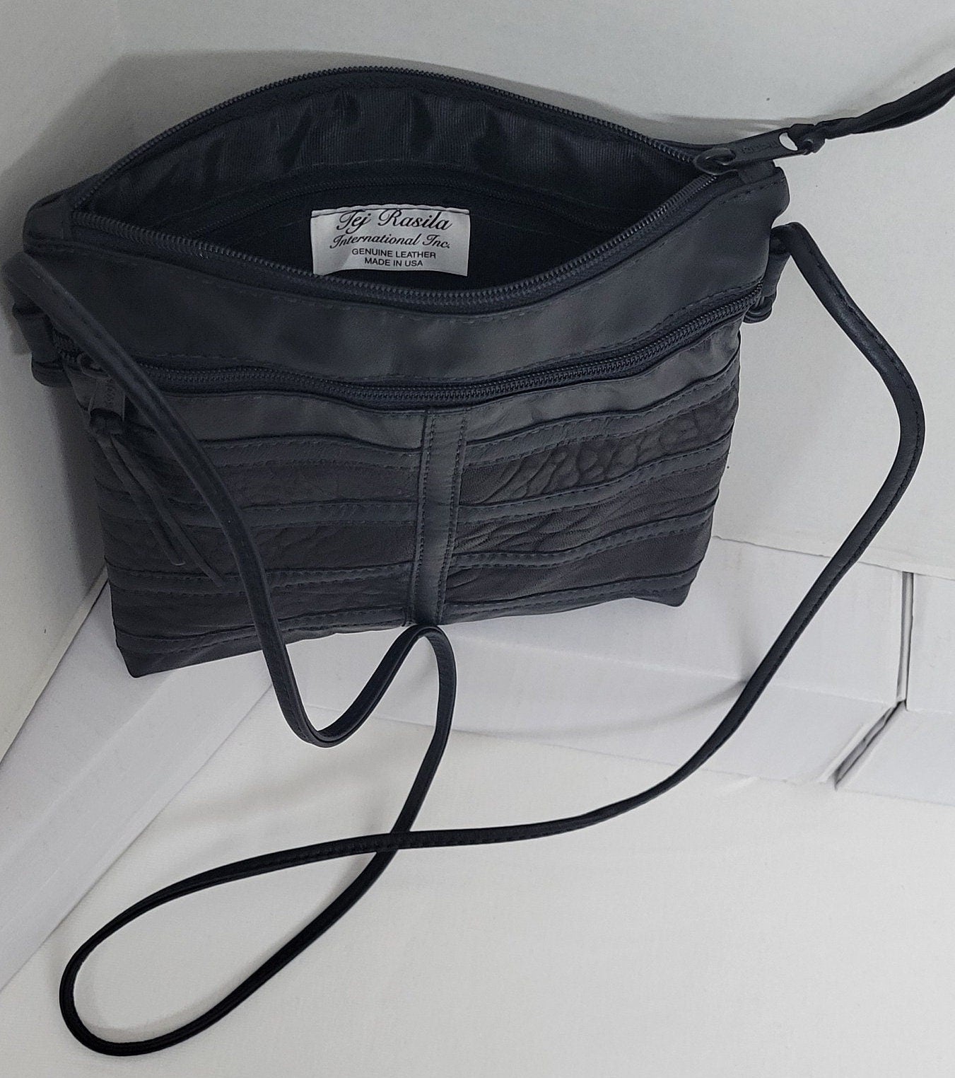 Black Leather Patchwork Crossbody Purse, USA Made