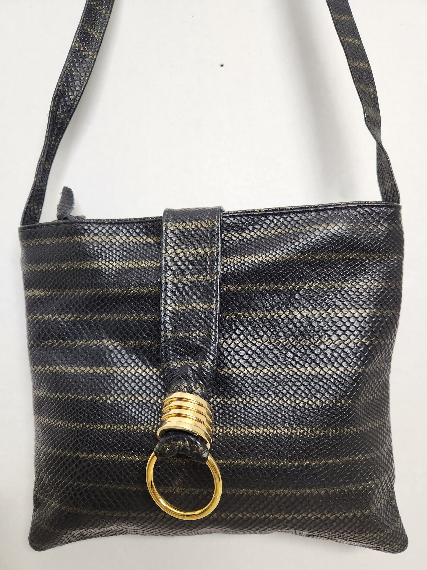 Two Tone Leather Print Crossbody Purse with Ring - Made in USA