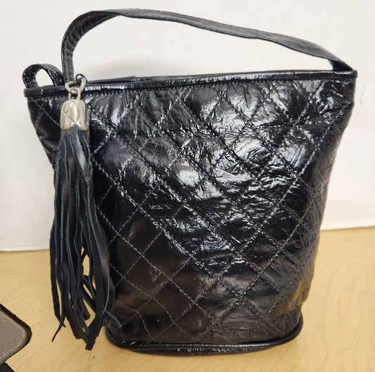 Black Patten Genuine leather crossbody-Handbag!Tejrasila-TR2099BkP,Purse for her, softLight weight stitched design by Satwant. Made in USA.