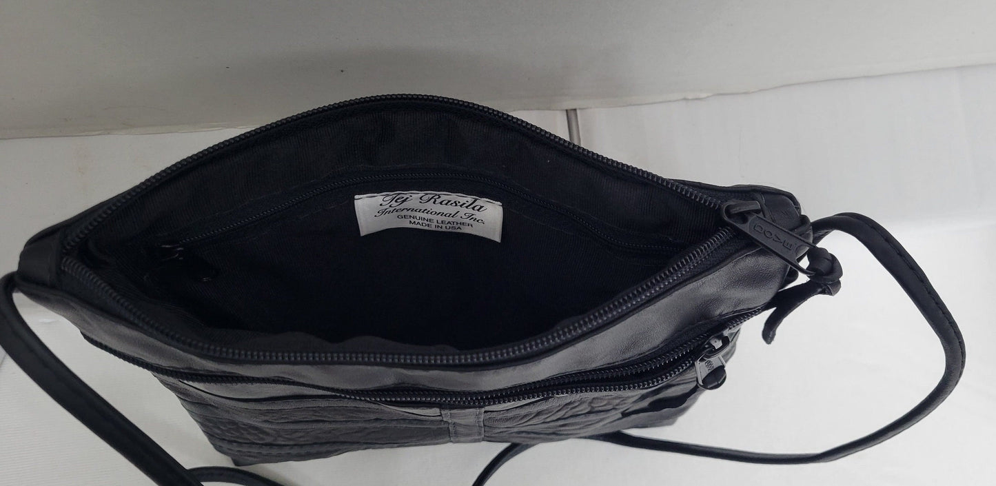 Black Leather Patchwork Crossbody Purse, USA Made