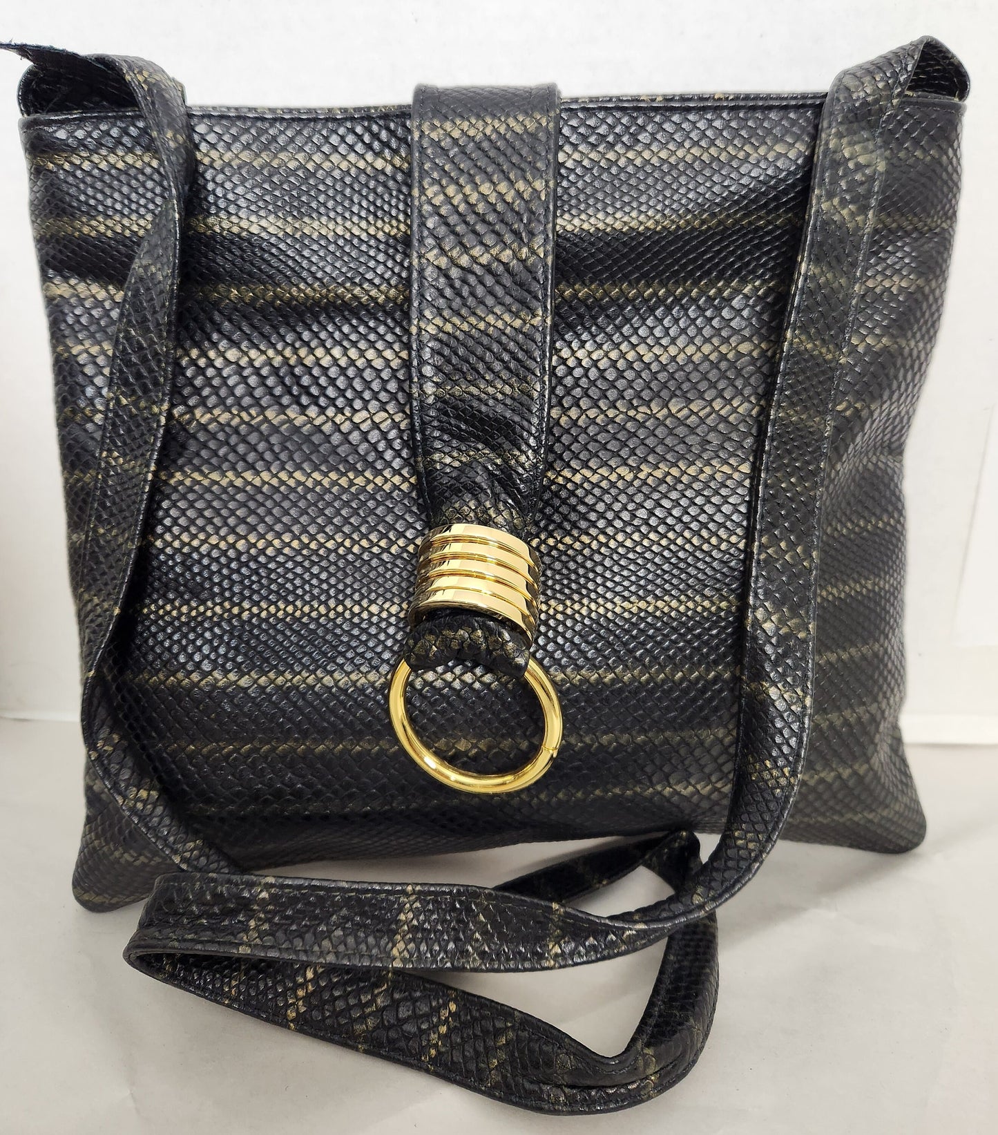 Two Tone Leather Print Crossbody Purse with Ring - Made in USA