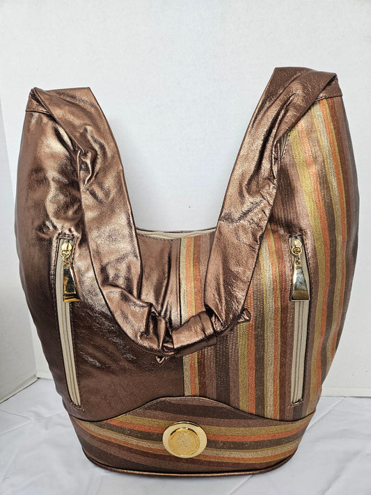 Leather Hobo Handbag Large Shining Bronze with Multi Print Leather! Made in USA!