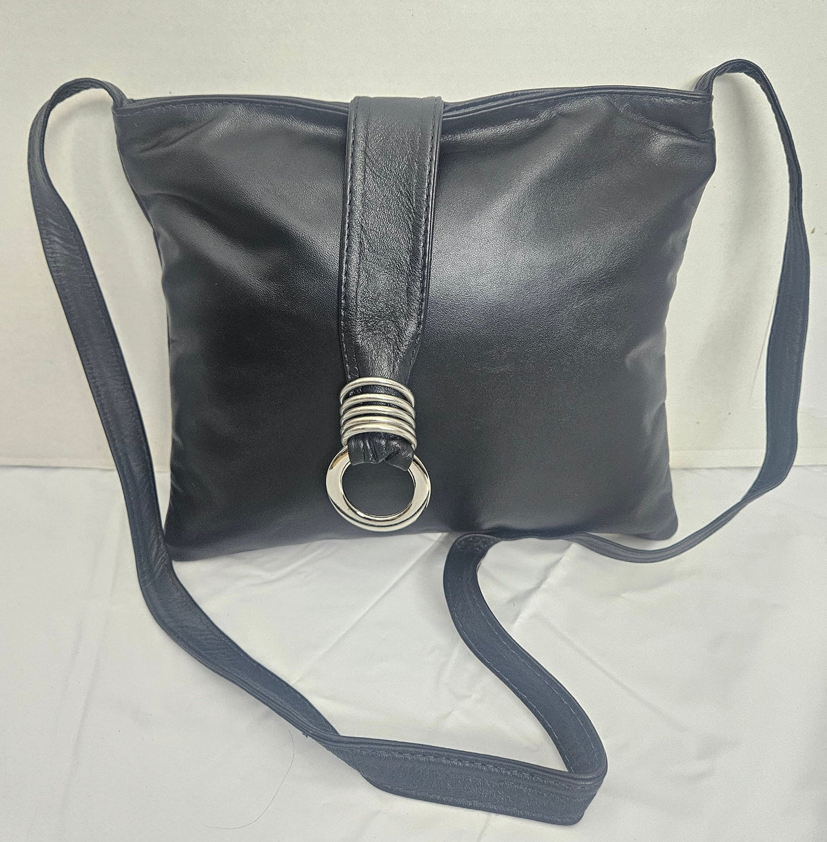 Handmade Black Leather Ring Crossbody Bag, USA Made