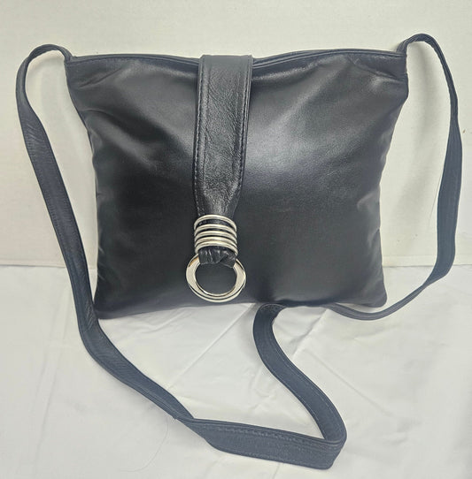 Handmade Black Leather Ring Crossbody Bag, USA Made