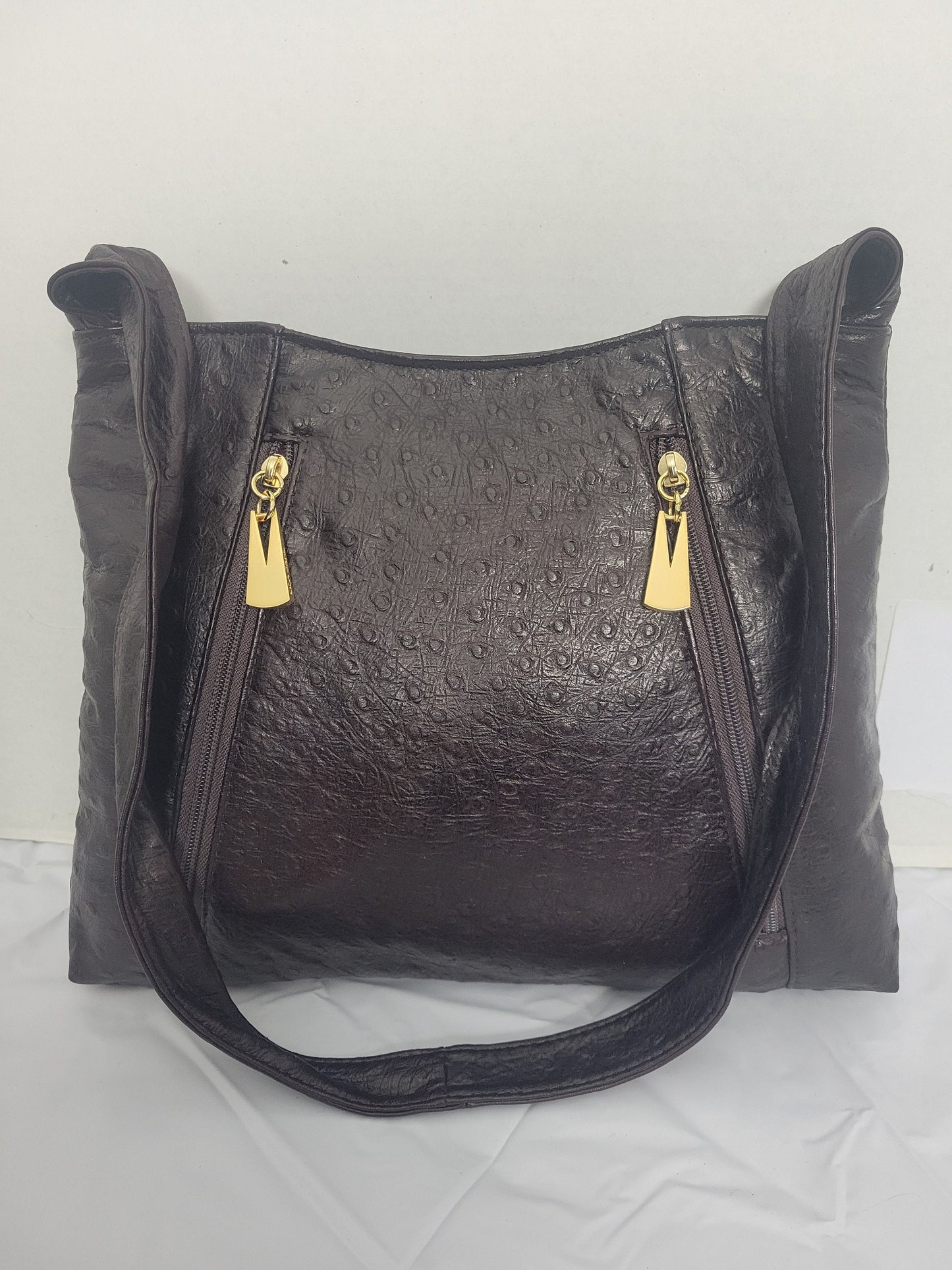 Brown Ostrich Soft print leather handbag! Two left and right pockets. Made in USA.