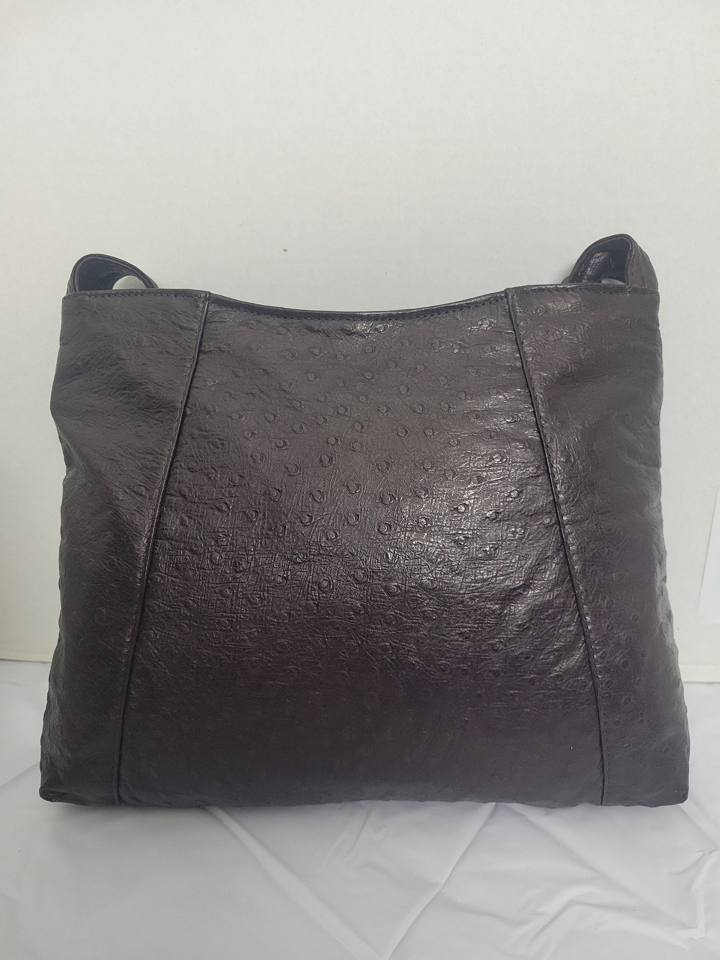 Brown Ostrich Soft print leather handbag! Two left and right pockets. Made in USA.