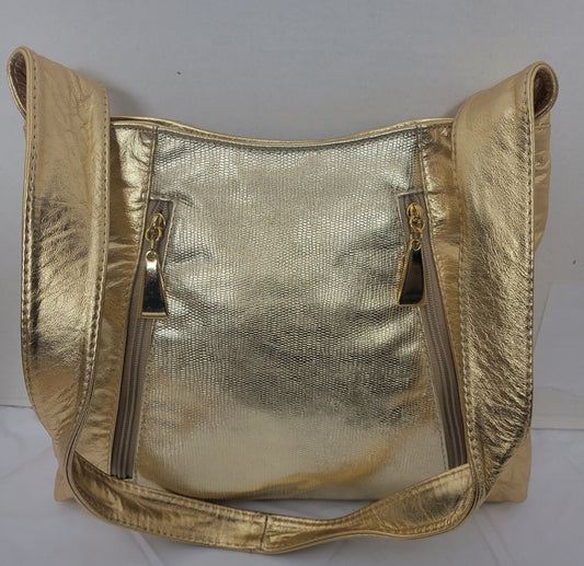 Shining Gold plan with Print Leather Handbag! Two Left and Right Pockets. Made in USA.