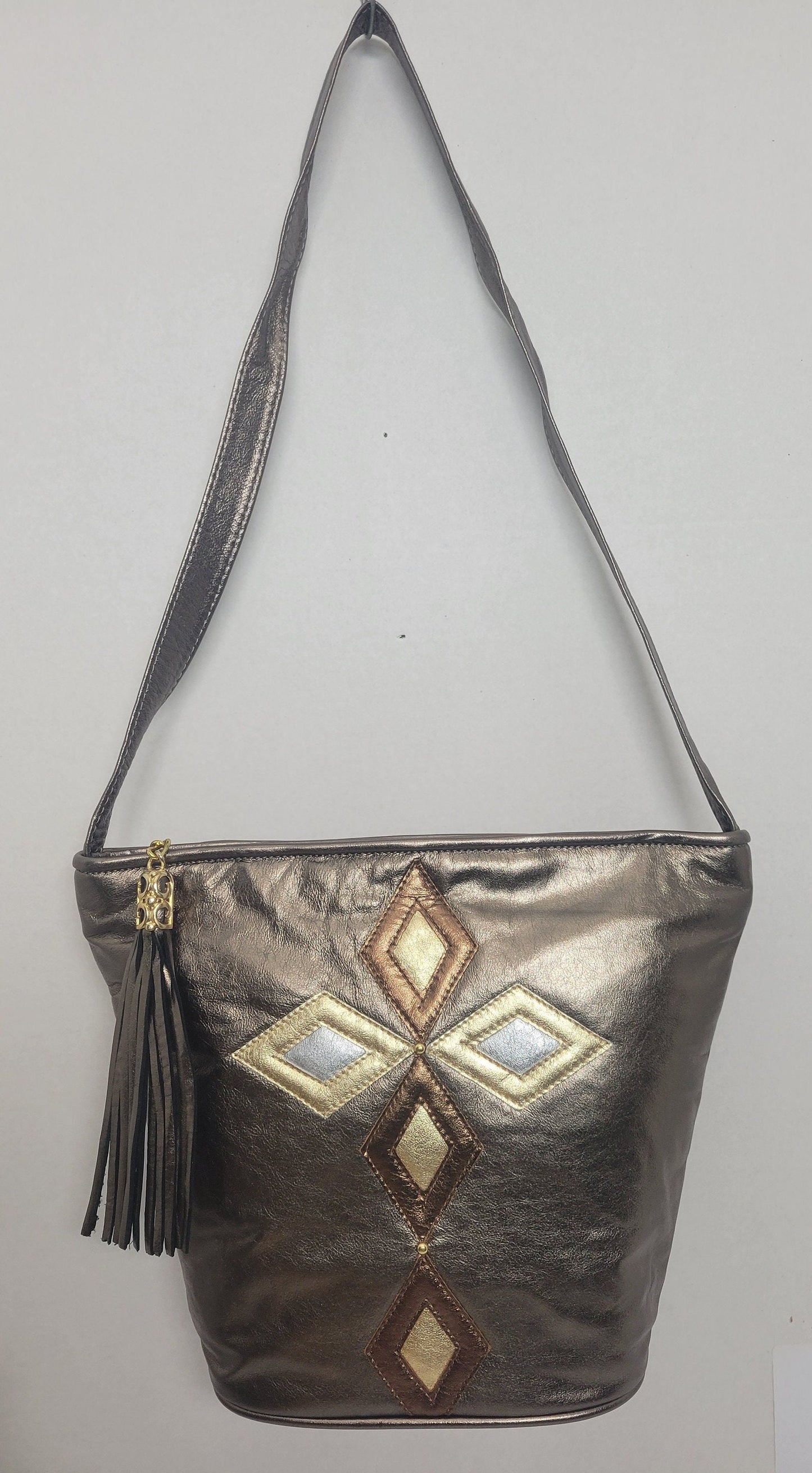 Pewter with Cross three tone design Leather Shoulder Handbag for women. Zigzag Design on front side only. Made In USA!