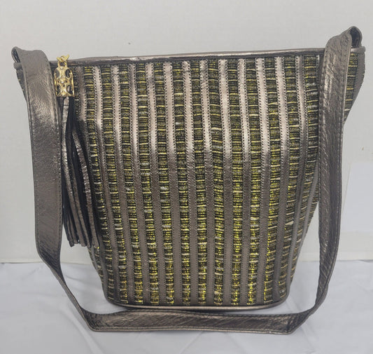 Pewter with pewter Zigzag design Leather Shoulder Handbag for women. Zigzag Design on front side only. Made In USA!