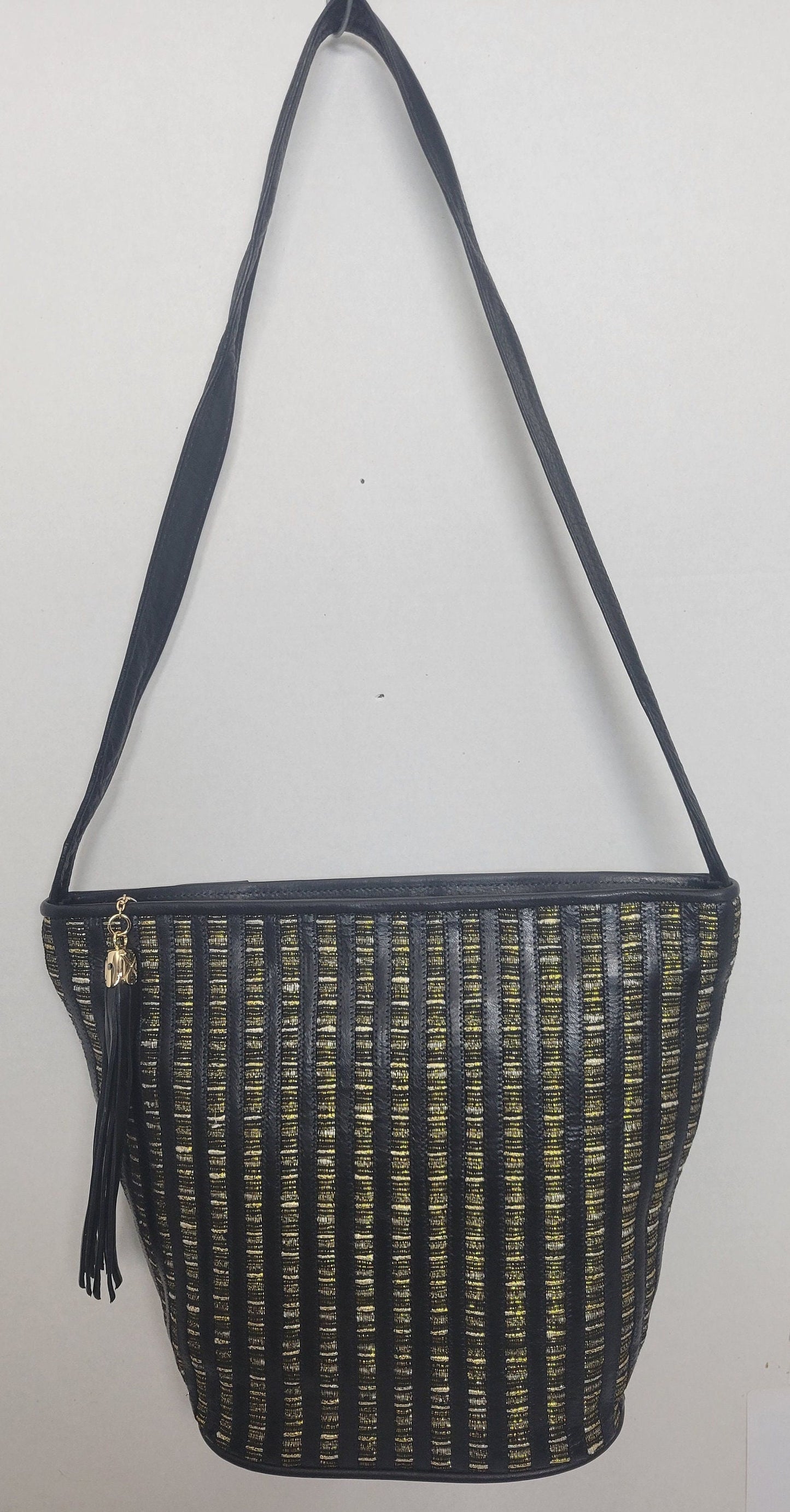 Black with pewter gold fabric Zigzag design Leather Shoulder Handbag for women. Zigzag Design on front side only. Made In USA!