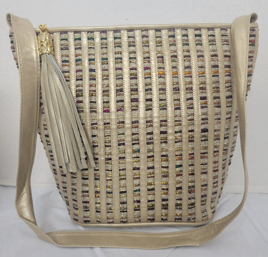 Champagne with Multi fabric Zigzag design Leather Shoulder Handbag for women. Zigzag Design on front side only. Made In USA!