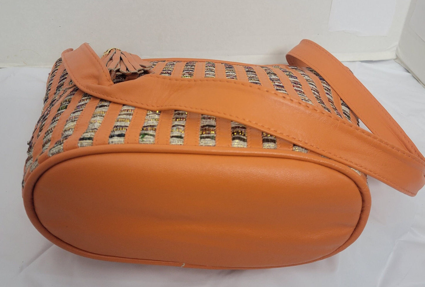 Orange with Multi Fabrice Zigzag Design Leather Shoulder Handbag for women. Stripe Zigzag Design on front side only. Made In USA!