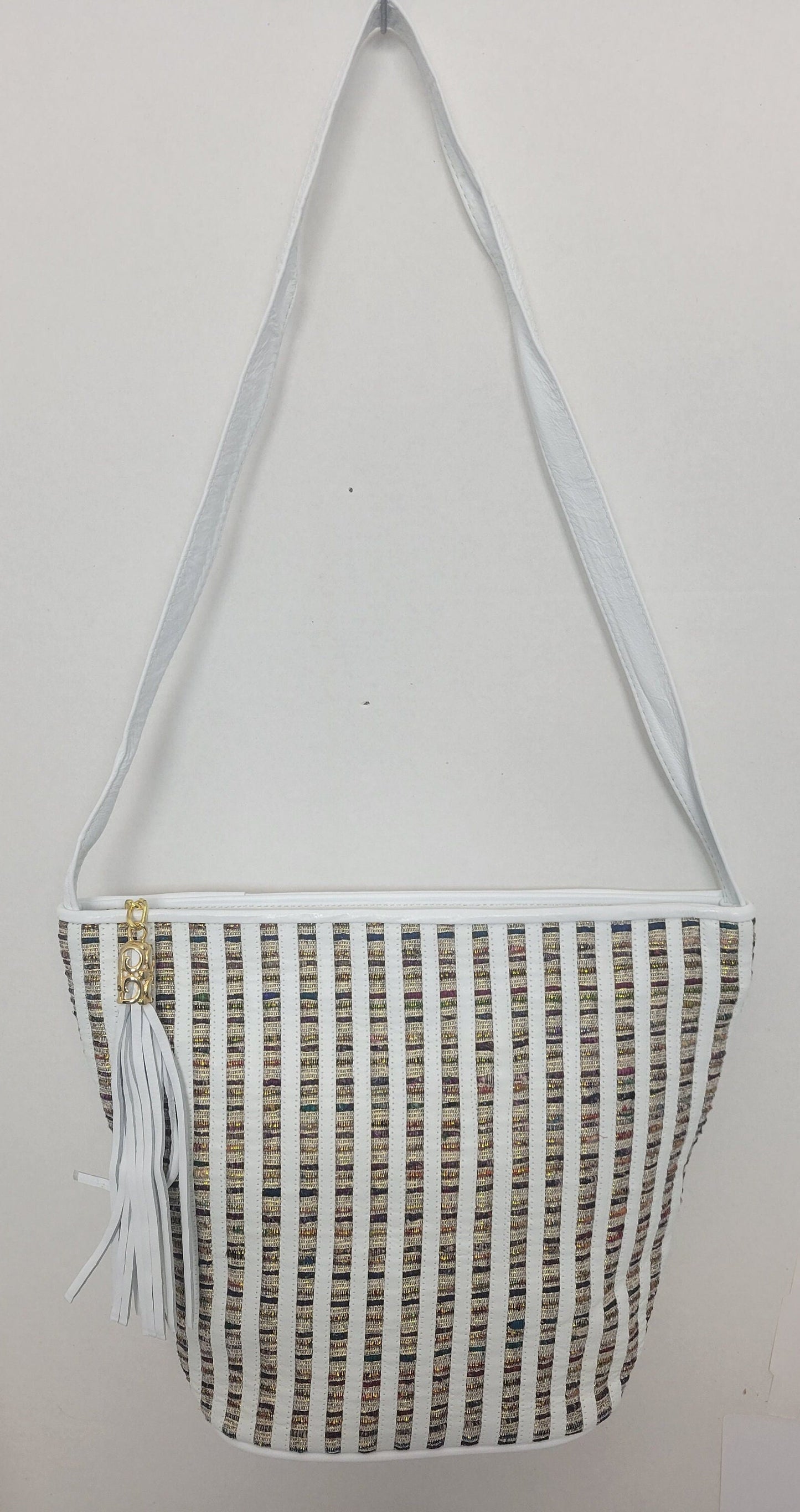 White with Multi Fabrice Zigzag Design Leather Shoulder Handbag for women. Stripe Zigzag Design on front side only. Made In USA!