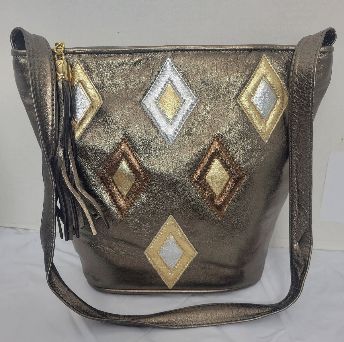 Pewter with Diamond Shape three tone design Leather Shoulder Handbag for women. Zigzag Design on front side only. Made In USA!