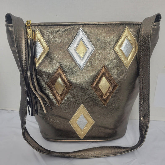 Pewter with Diamond Shape three tone design Leather Shoulder Handbag for women. Zigzag Design on front side only. Made In USA!