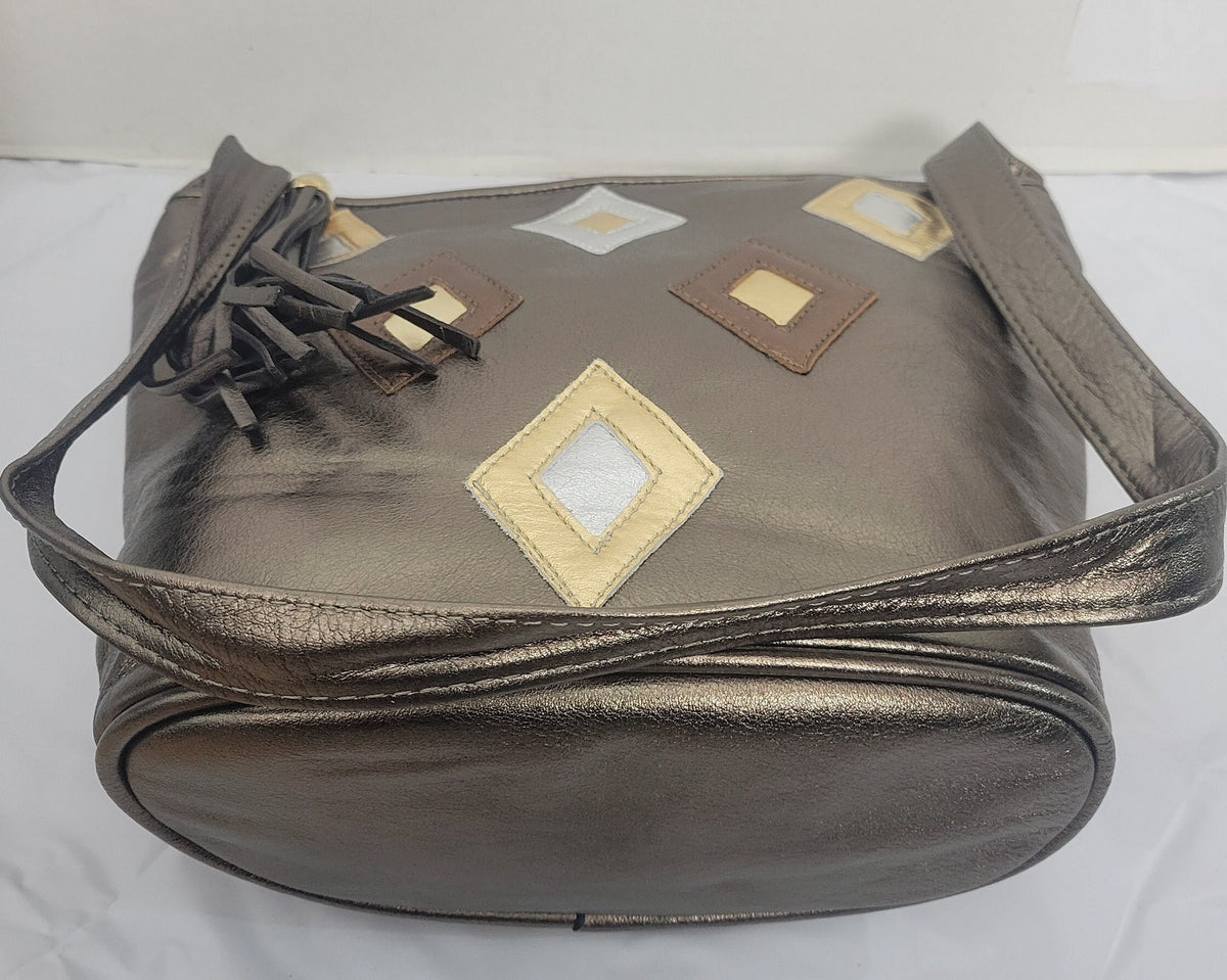 Pewter with Diamond Shape three tone design Leather Shoulder Handbag for women. Zigzag Design on front side only. Made In USA!