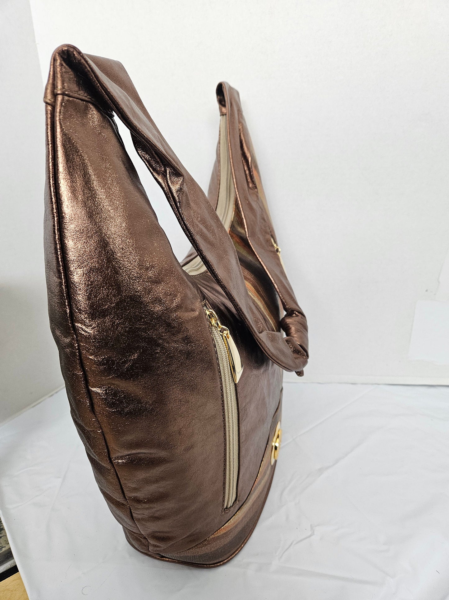 Leather Hobo Handbag Large Shining Bronze with Multi Print Leather! Made in USA!