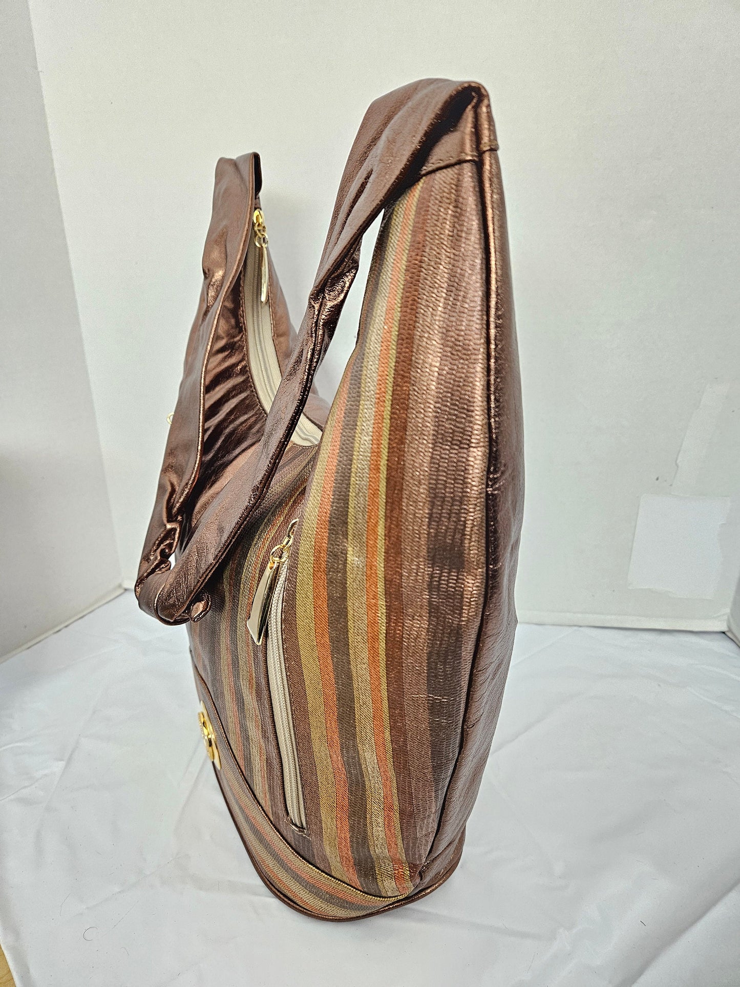 Leather Hobo Handbag Large Shining Bronze with Multi Print Leather! Made in USA!