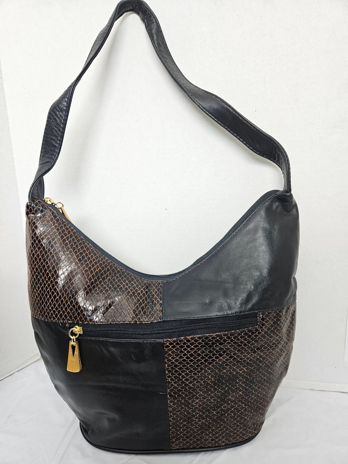 Black with Brown snake skin print Leather handbag#Tr8004bk/br/ssp for women!Made In USA!