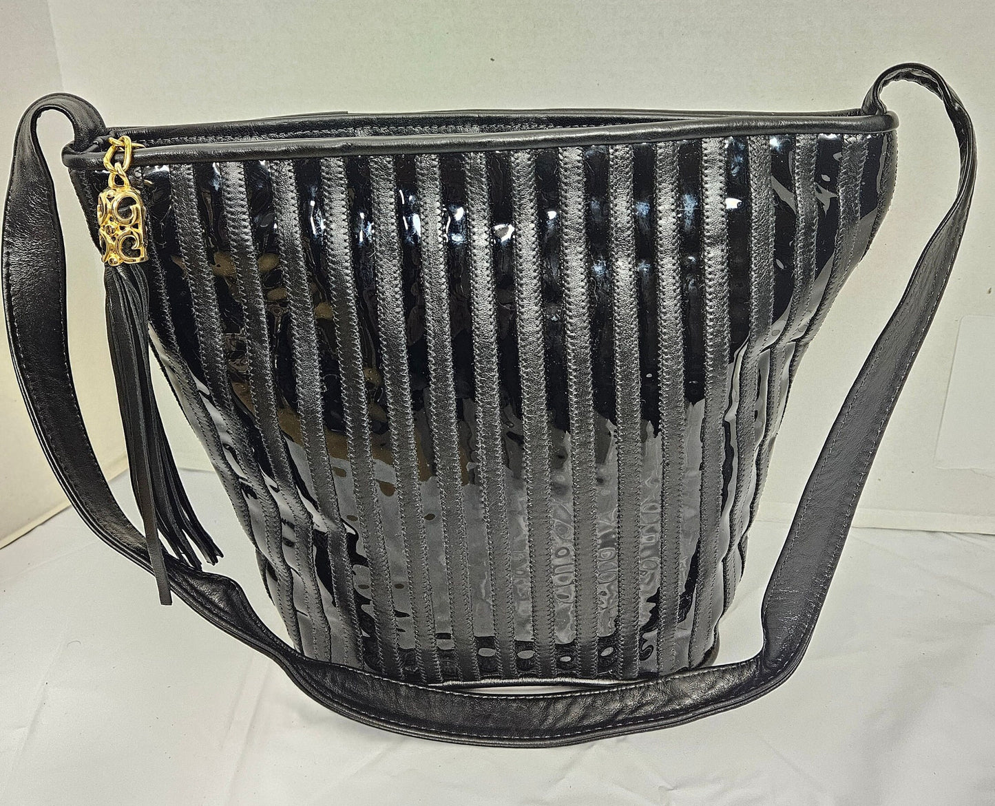 Leather Shoulder Handbag for women.  Black with Patton Stripe Zigzag Design on front side only. Made In USA!