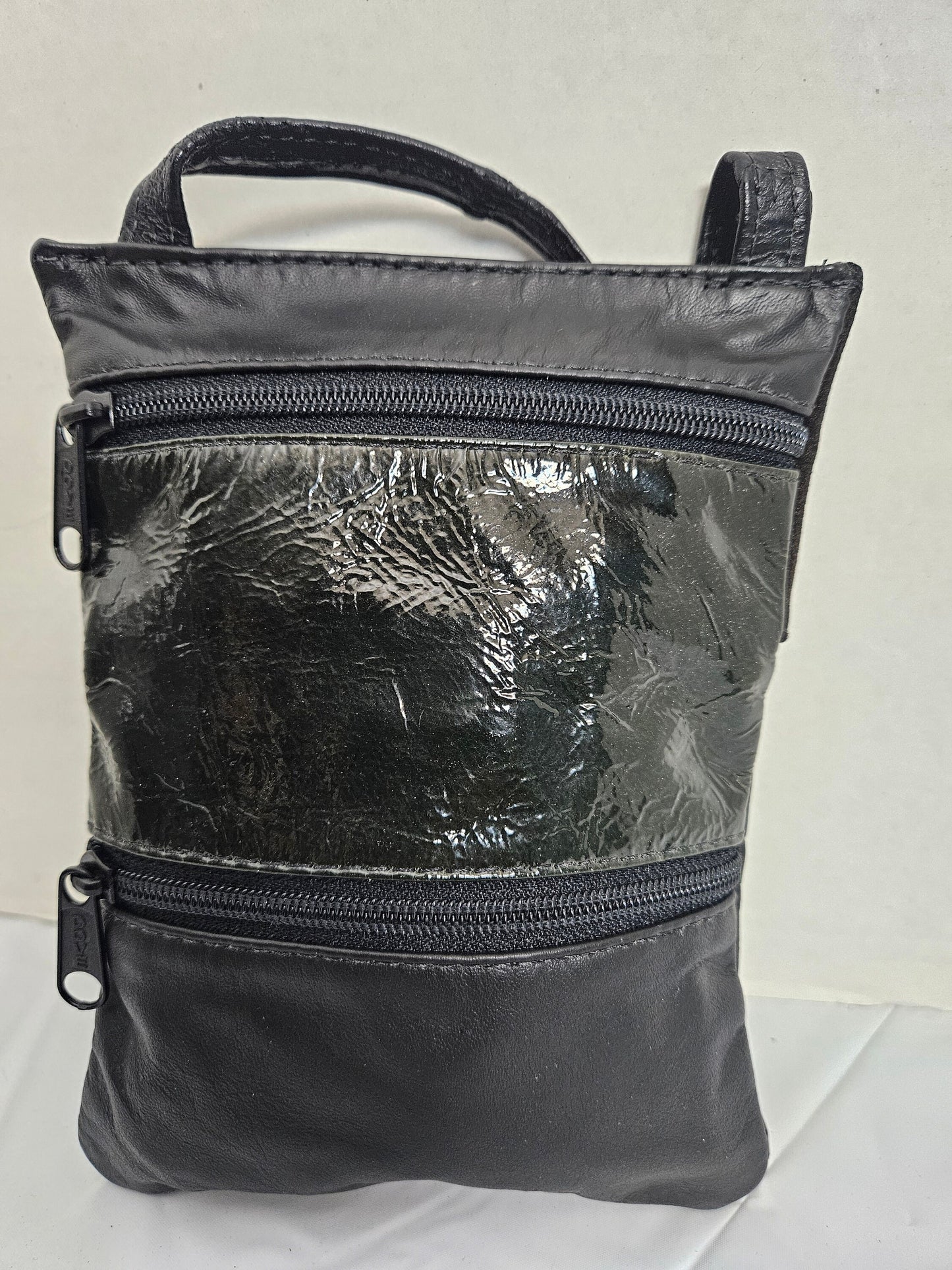 Black Patton Leather Travel Crossbody Bag, Handmade USA