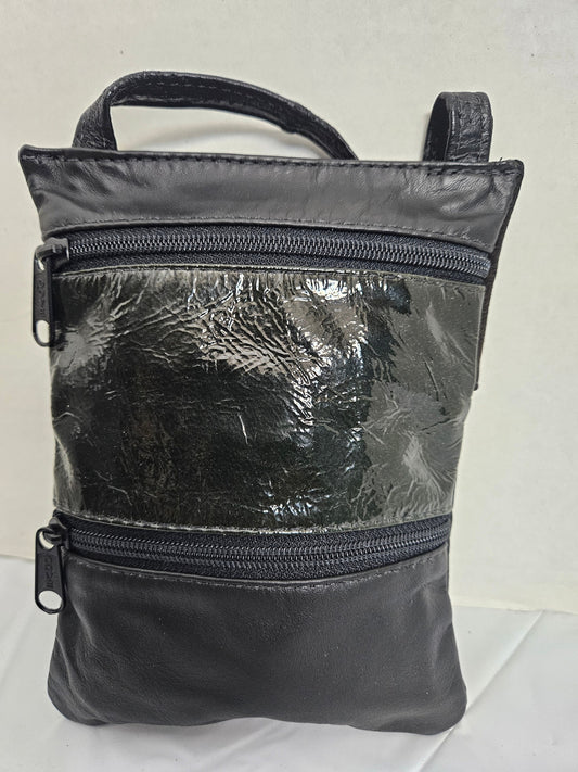 Black Patton Leather Travel Crossbody Bag, Handmade USA