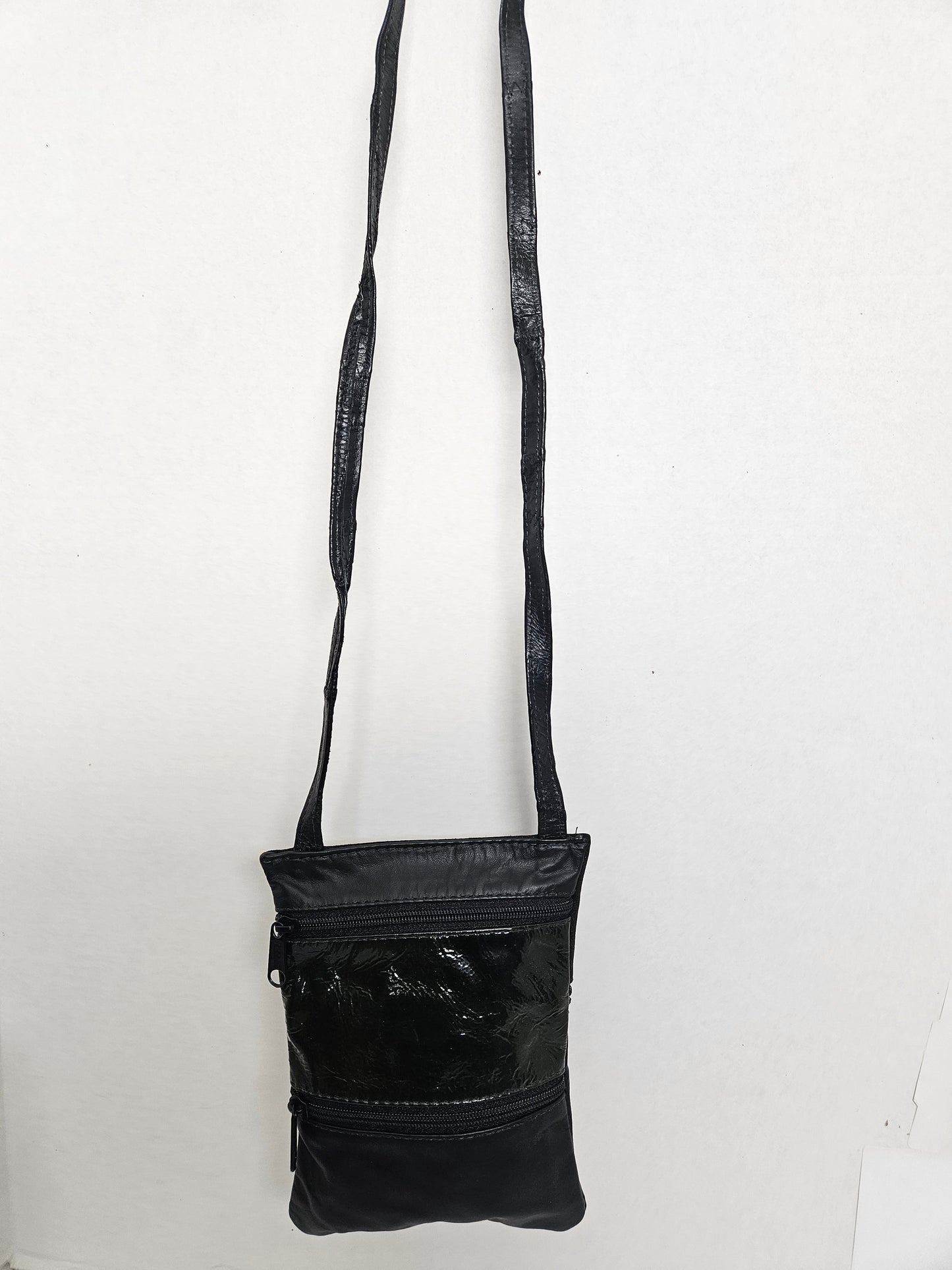 Black Patton Leather Travel Crossbody Bag, Handmade USA