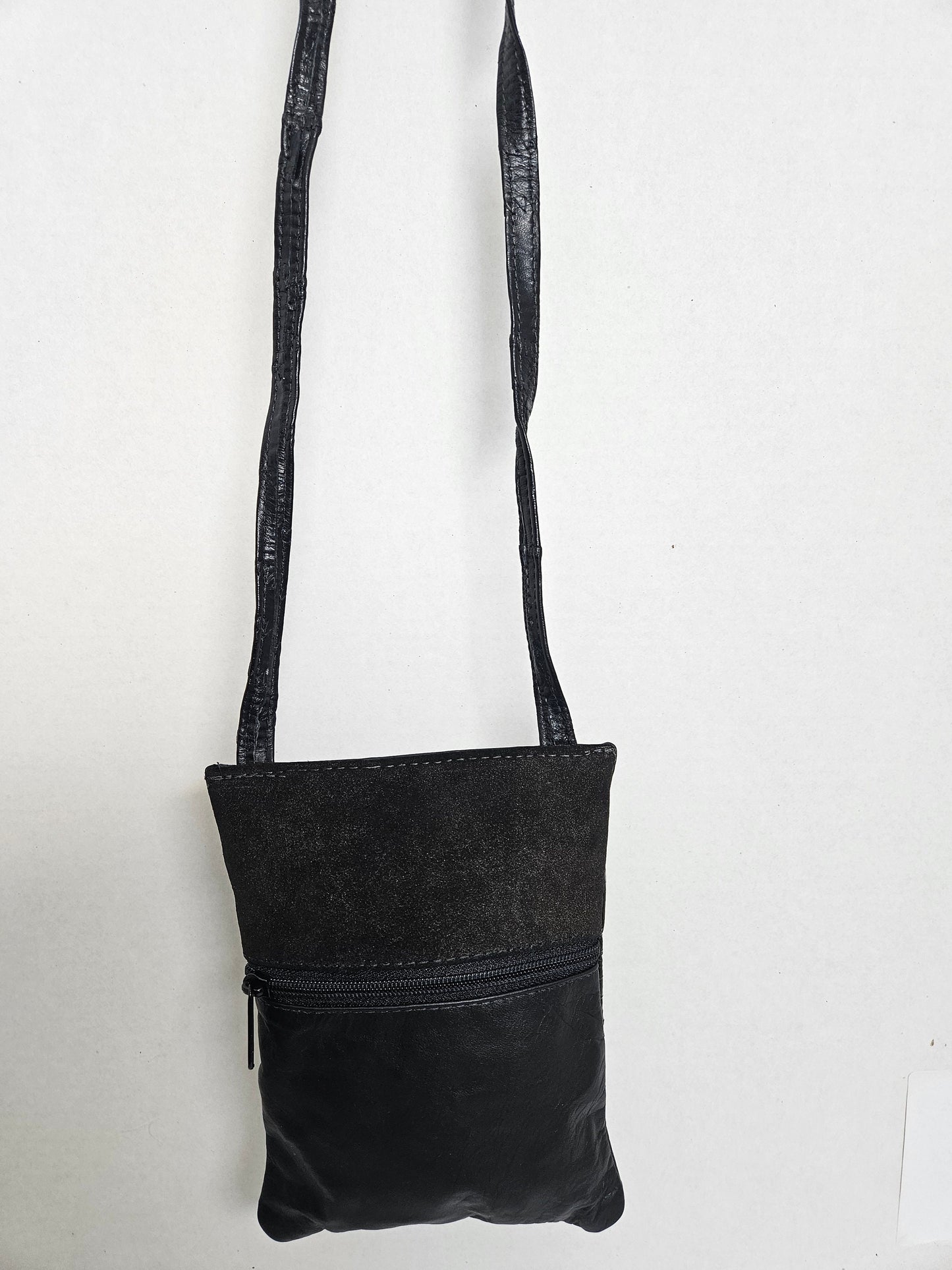Black Patton Leather Travel Crossbody Bag, Handmade USA
